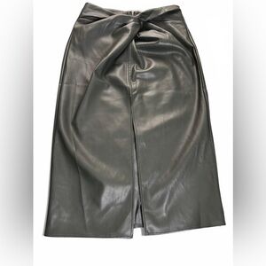 Kirious Faux Leather Midi Skirt Olive Green Front Knot Slit XL NWT